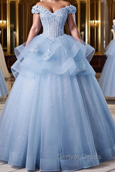A-Line Off Shoulder Lace Tulle Blue Long Prom Dresses, Blue Sweet 16 Dresses